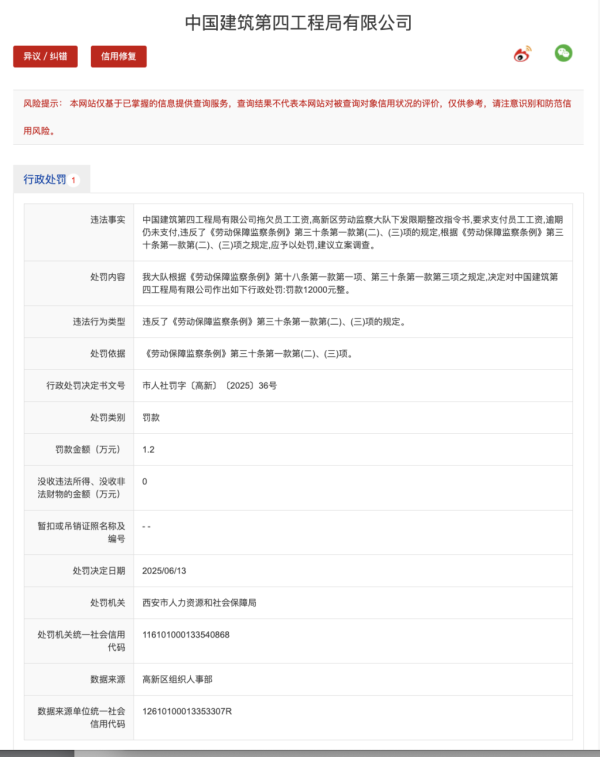牛管家 因拖欠员工工资 中国建筑第四工程局公司被罚款1.2万元